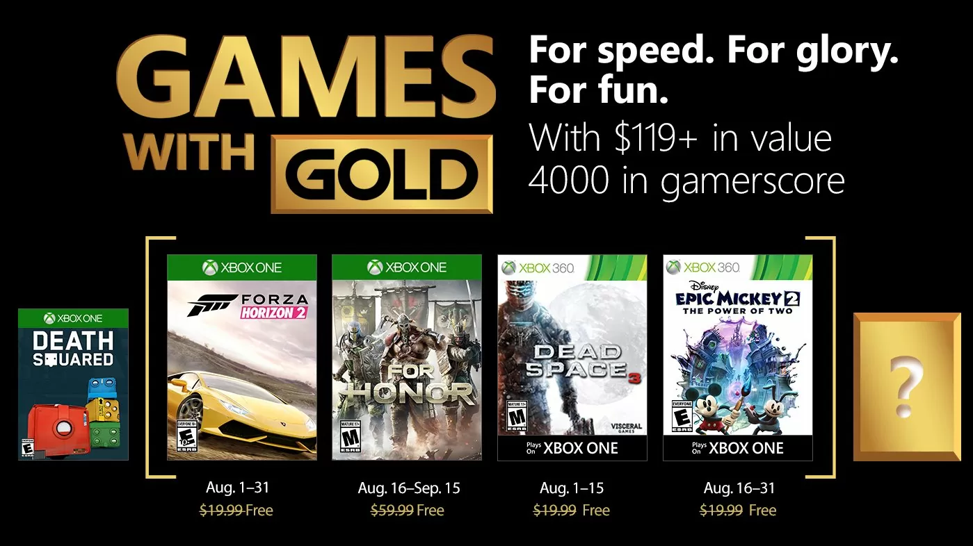 Games with Gold: Forza Horizon 2 e For Honor sono i giochi Xbox One gratis di agosto 2018
