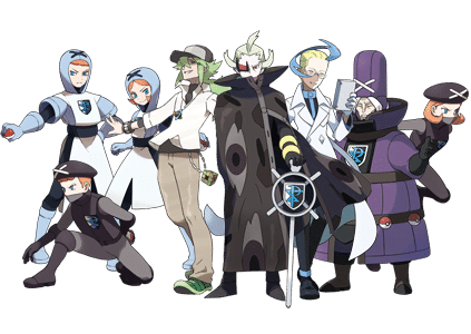 Il Team Plasma. Davanti a tutti il capo, Ghecis, alla sua destra N e alla sua sinistra Acromio e Violante, uno dei 7 saggi. 