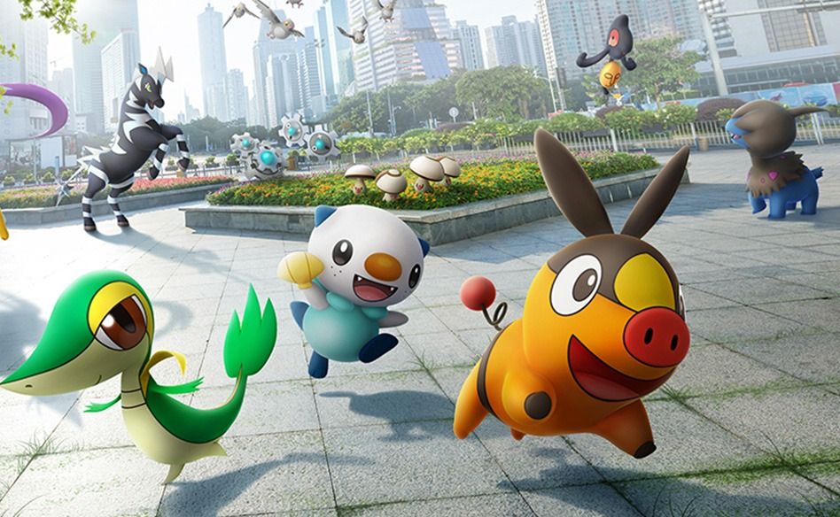 Pokémon di quinta generazione, con al centro i 3 starter: Snivy, Oshawott e Tepig.
